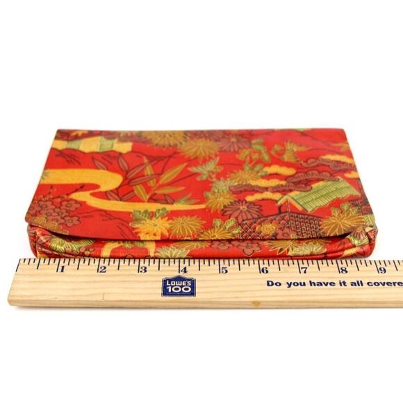 VTG HANDCRAFTED RED MULTICOLOR GENUINE LEATHER FLORAL ASIAN PRINT CLUTCH POUCH